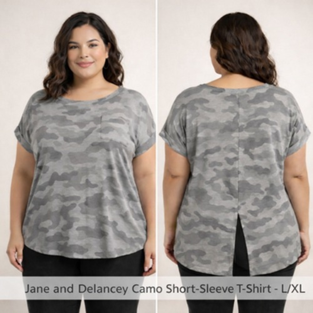 Jane‎ And Delancey Shirt Womens L/XL Gray Camo Pocket Tunic Top Relaxed Fit